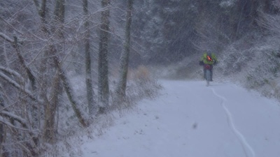 Heavy snowfall on the Lakeside Trail around Kielder.