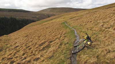 Dropping into the Clwyedog valley. The tyre tracks are from 'pushing' the bike into shot, not riding it, it was that soft.