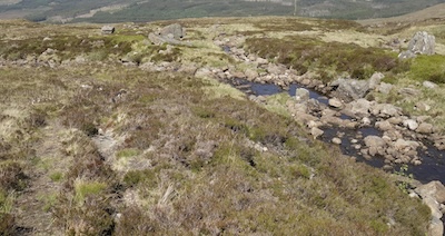 The upper bifurcation of the Allt Chaorach Beag. This is looking downhill