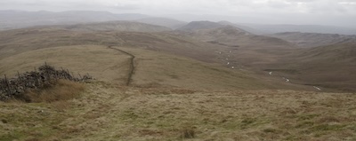 Looking down Crookdale from Great Yarlside. The route back essentially followed the wall.