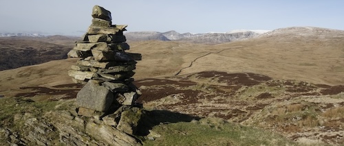 The fine summit of Whiteside Pike. The next two summits ahead (the rounded brown ones in the mid-distance. The Kentmere fells on the skyline